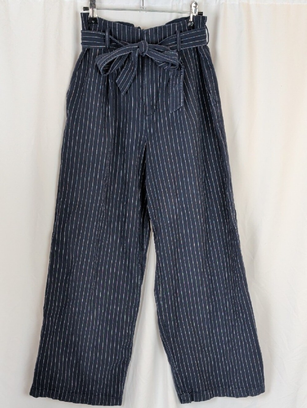 Uniqlo Navy Striped Linen Blend High Waisted Paperbag Pants S